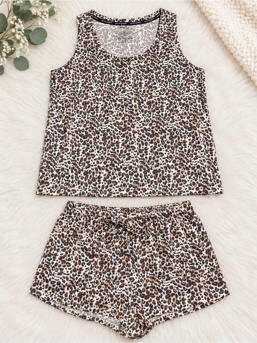 Leopard Print Tank & Shorts Sleep Set - Beige/Black